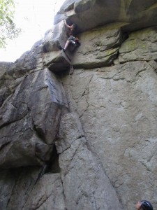 Steph below the blocky crux on "Orphan", 5.8