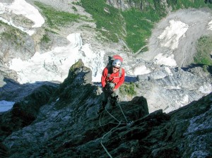 Looking down the buttress.  The bivy ledge is on the very tip of rock to my left.