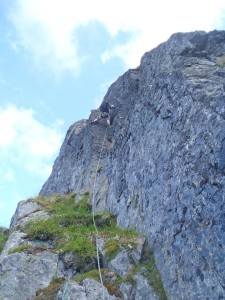 Veronika leading the 5.8 layback just below the bivy ledge.