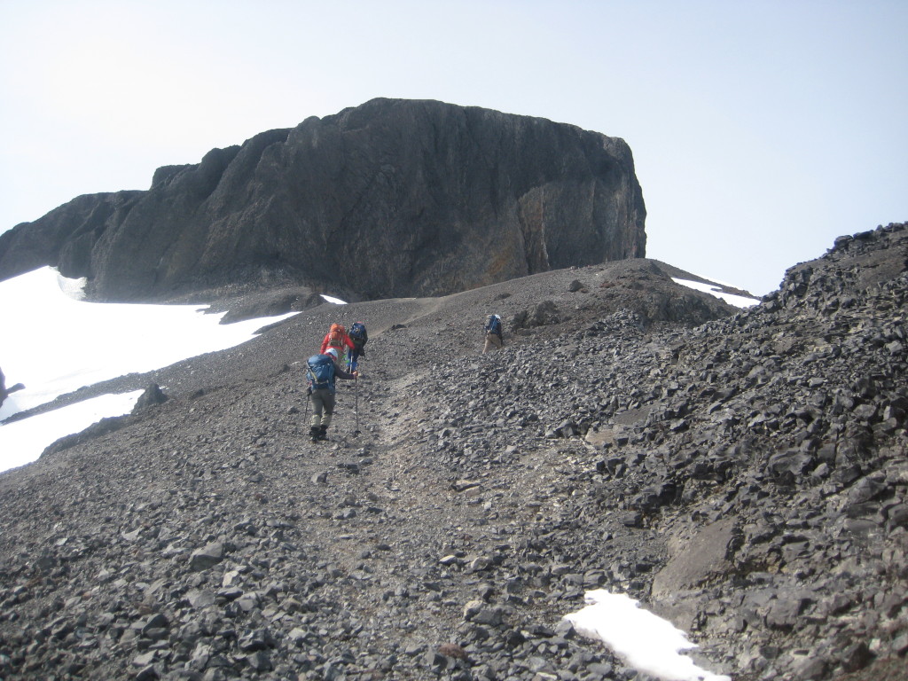 Traveling the scree towards the Black Tusk. (Crystal To)