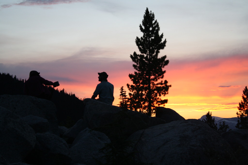 Sunset at the Harrison Hut. Nicole and Clemens in the foreground.