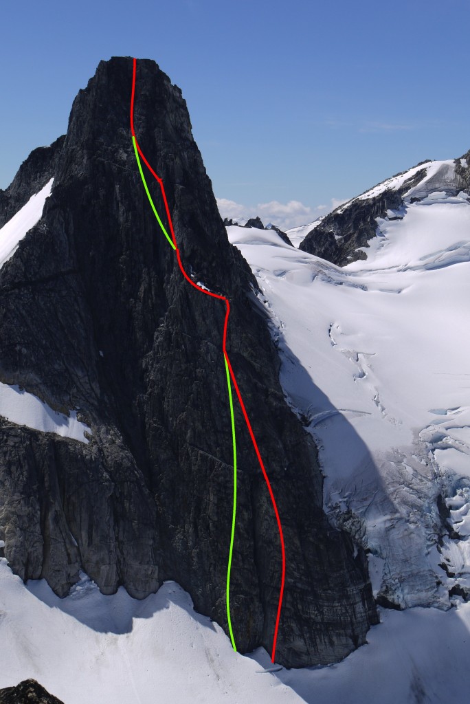 Our approximate routes up Wahoo Tower.  Green - Articling Blues Buttress, 5.10a TD.  Red - Blues Buttress Direct, 5.10a TD+.  The upper deviation of the red route is run out and scary, not recommended.