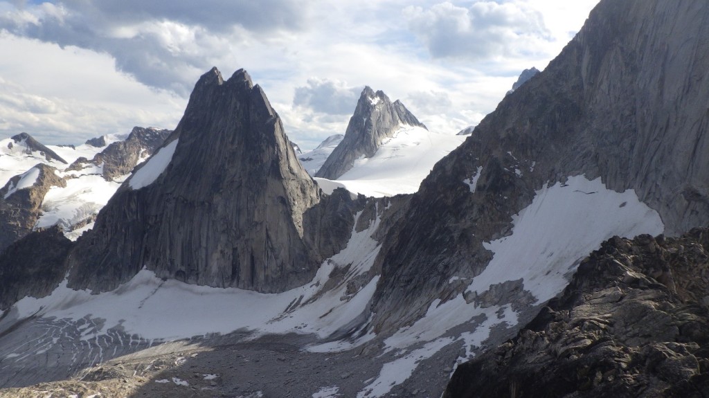 Snowpatch Spire, Pigeon Spire and little bit of Bugaboo Spire, from left to right. Photo by: Cora Skaien.
