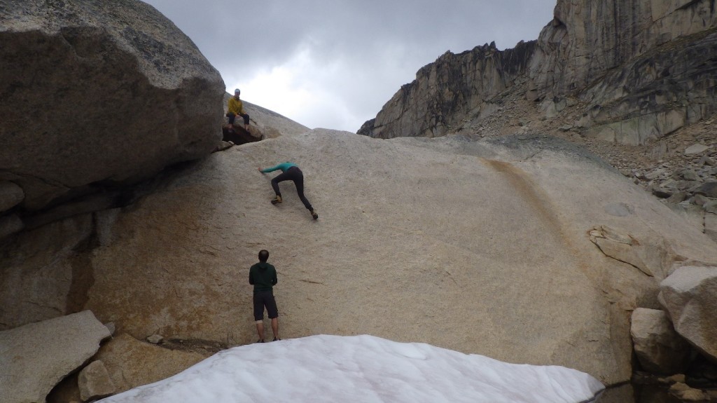 Jeff bouldering the highball slab problem. Photo by: Cora Skaien.