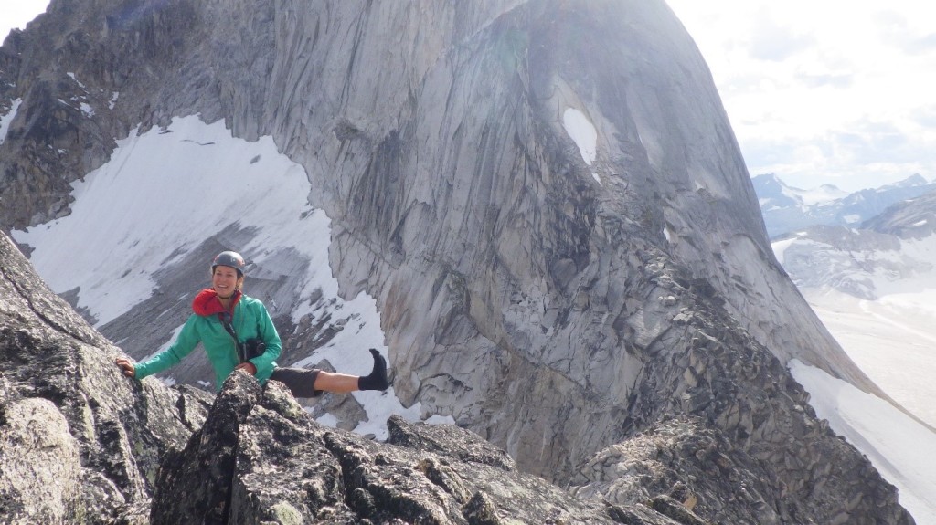 Natalie making her way t the top of Crescent Spire via the scramble. Photo by Cora Skaien.