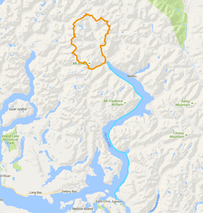 Proposed route showing alpine portion in orange and kayak portion in blue