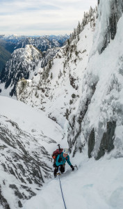 Dakotah works her way up the narrow couloir.