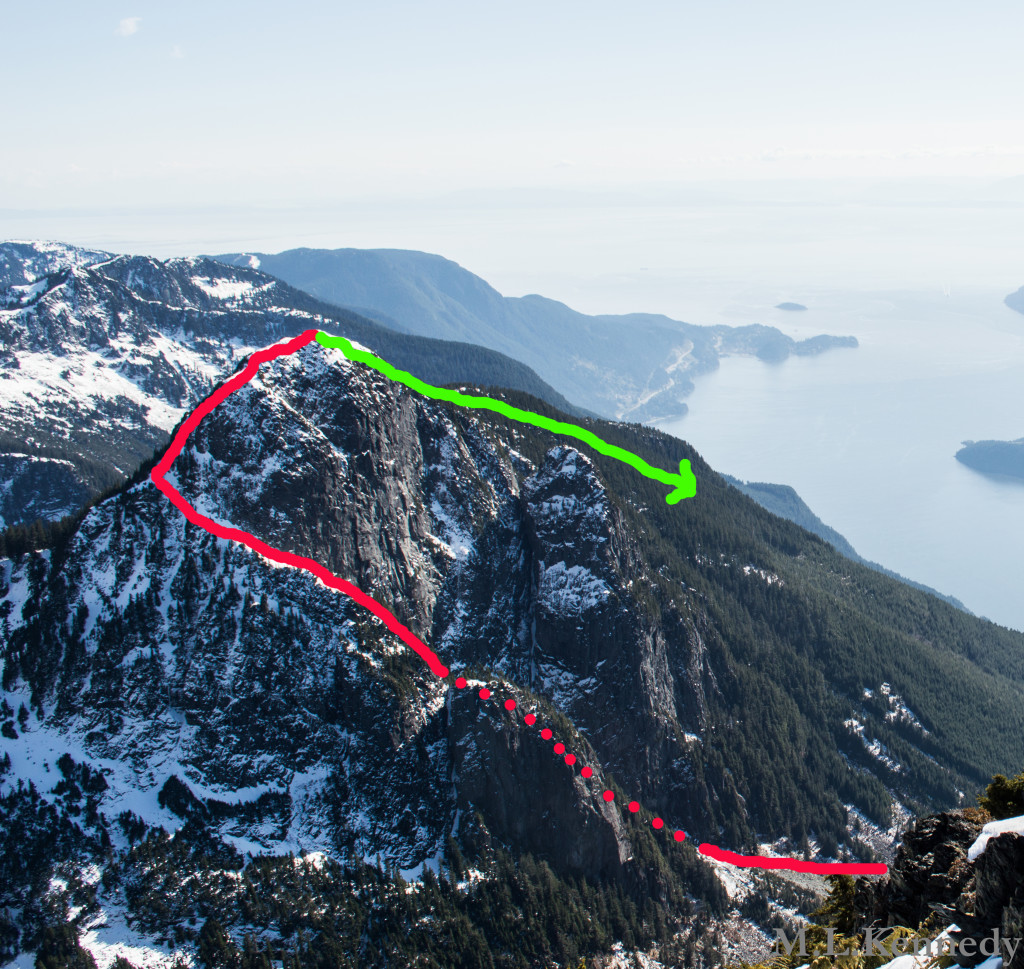Mount Harvey. Ascent via the North Ramp (red), descent via the Standard Route (green). Photo taken from Mt. Brunswick.
