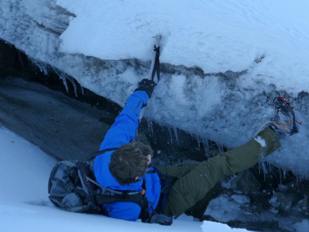 Romain climbing out of a crevasse (1 m deep)