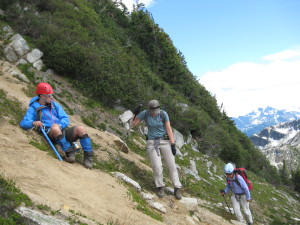Jeff, Caitlin, and Ru taking a breather while climbing Shadowfax.