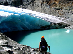 Sofiya in front of the ice cave at the base of Wedge glacier.