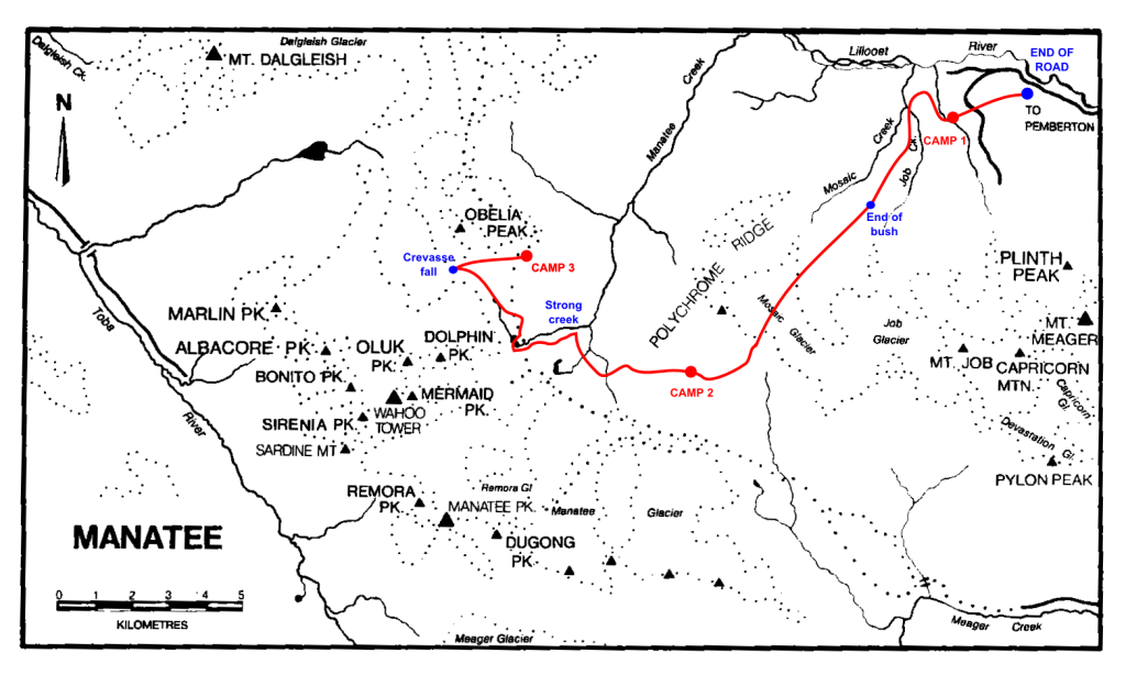 A rough sketch of our approach route, loosely following our SPOT track