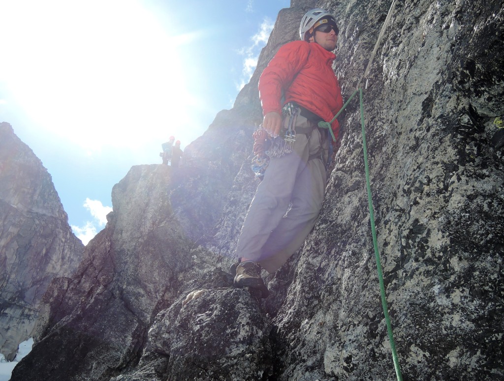 Olek launches into the difficult third pitch of Blues Buttress Direct.  Nick and Lena can just be seen across the chimney.