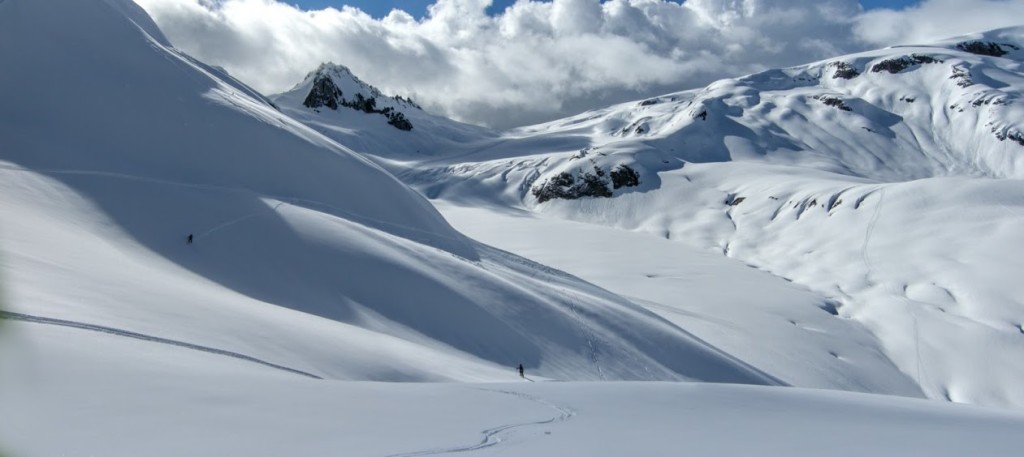 Skiing towards Mt Cayley and the ice cap