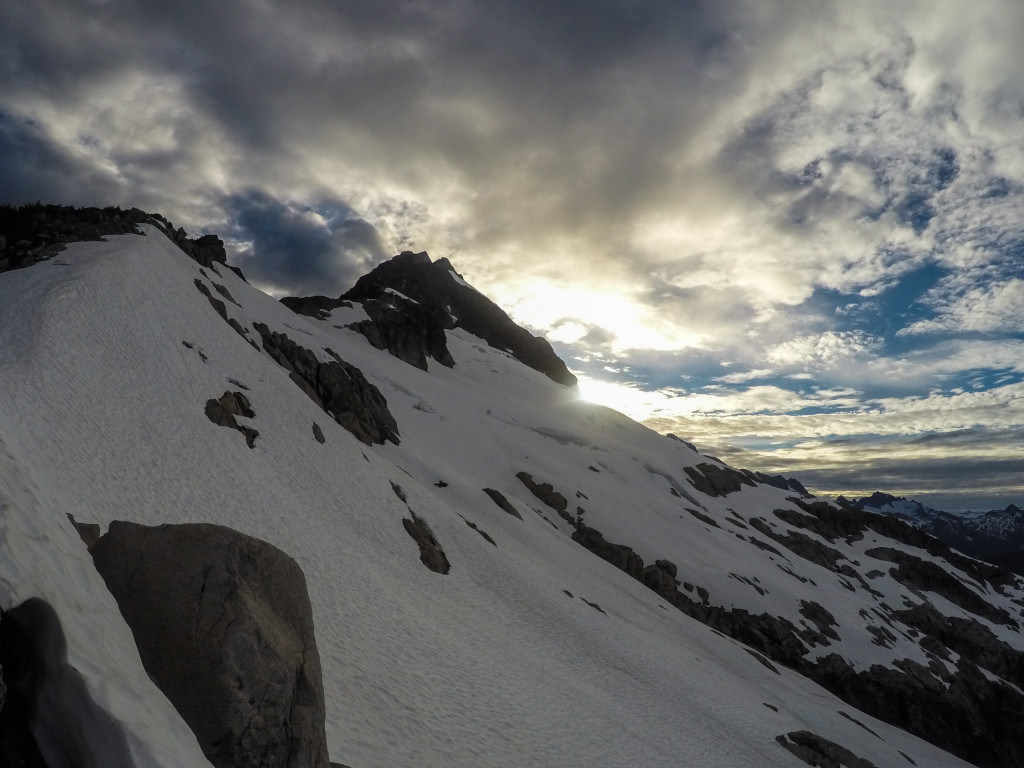 The east ridge of Alpha as the sun sets. Photo: Matteo Agnoloni