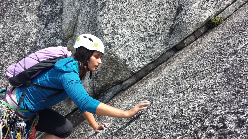 Geneviève climbing Diedre - photo by Manu