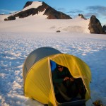 Spencer in high camp below Mt Alfred summit (Photo: S. Higgs)