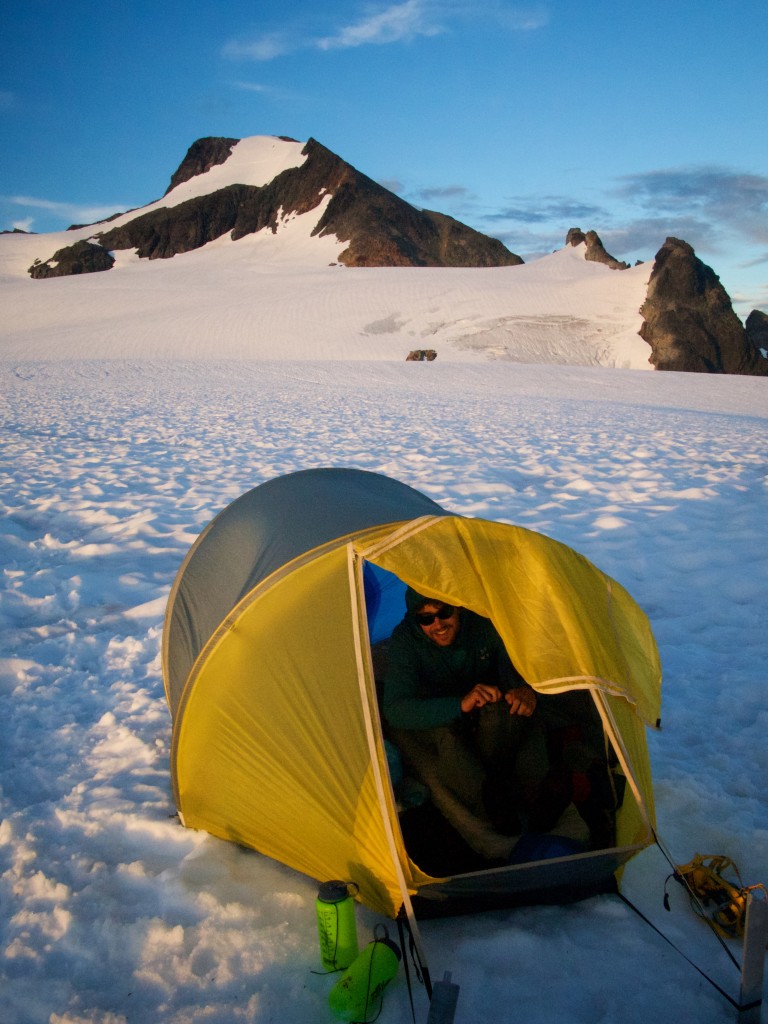 Spencer in high camp below Mt Alfred summit (Photo: S. Higgs)