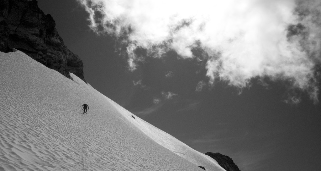 Spencer leading up west face of Mt Alfred (Photo: S. Higgs)