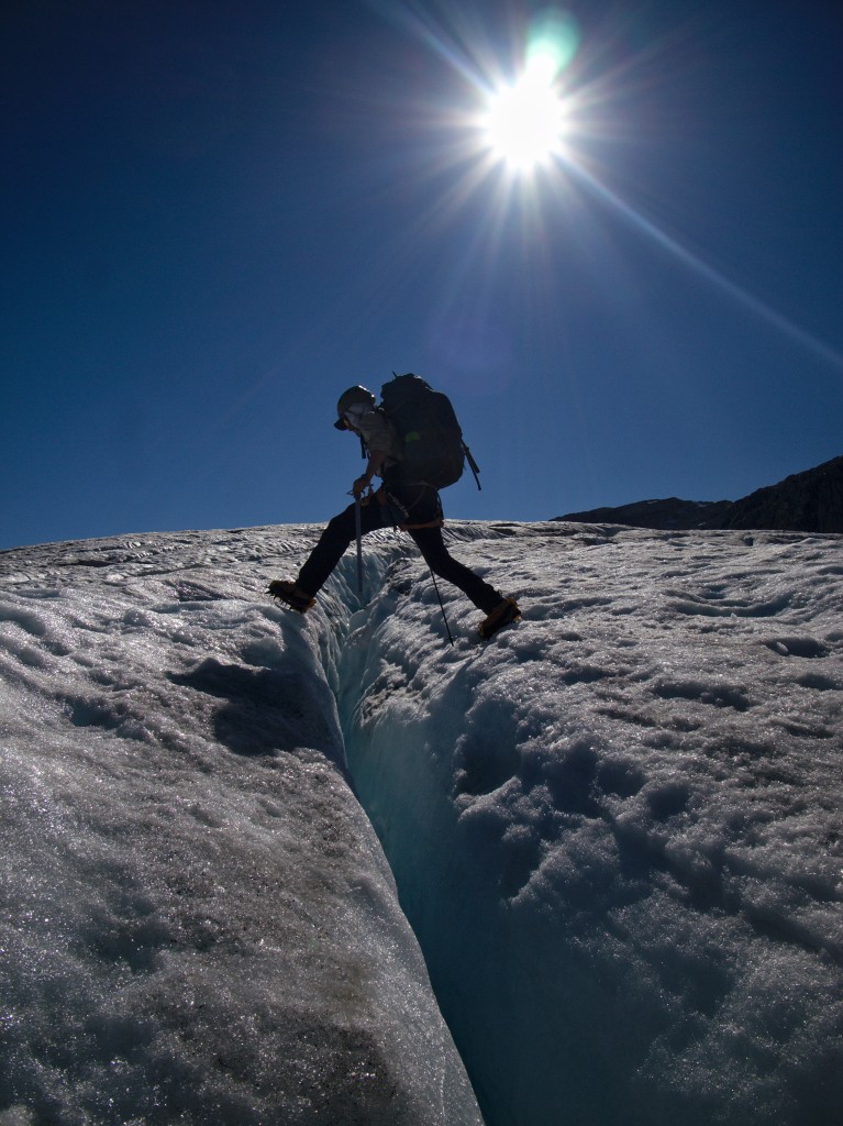 Stuart happily swapping bushwhacking for crevasse hopping on Bon-bon glacier (Photo: S. Rasmussen)