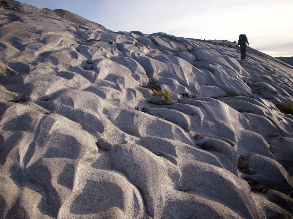 Spencer navigates glacial fluting on granite above Princess Louisa Inlet (Photo: S. Higgs)