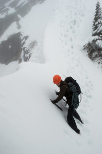 Noah traverses out of the couloir.