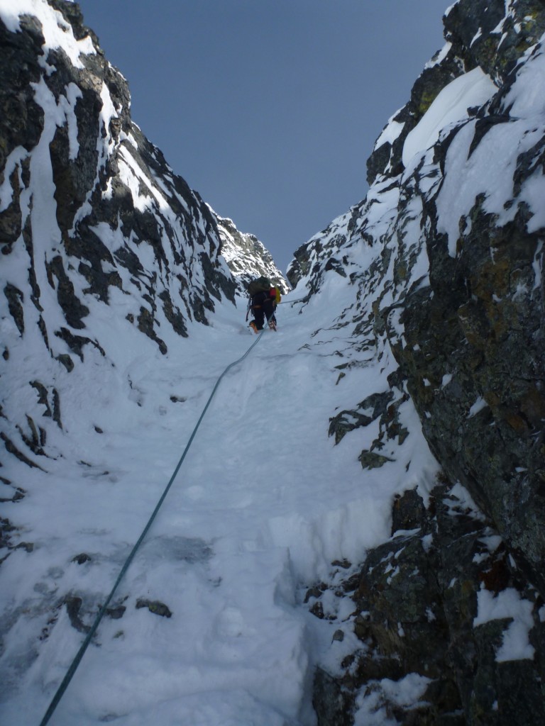 Onward and downward. Rappelling the gully.
