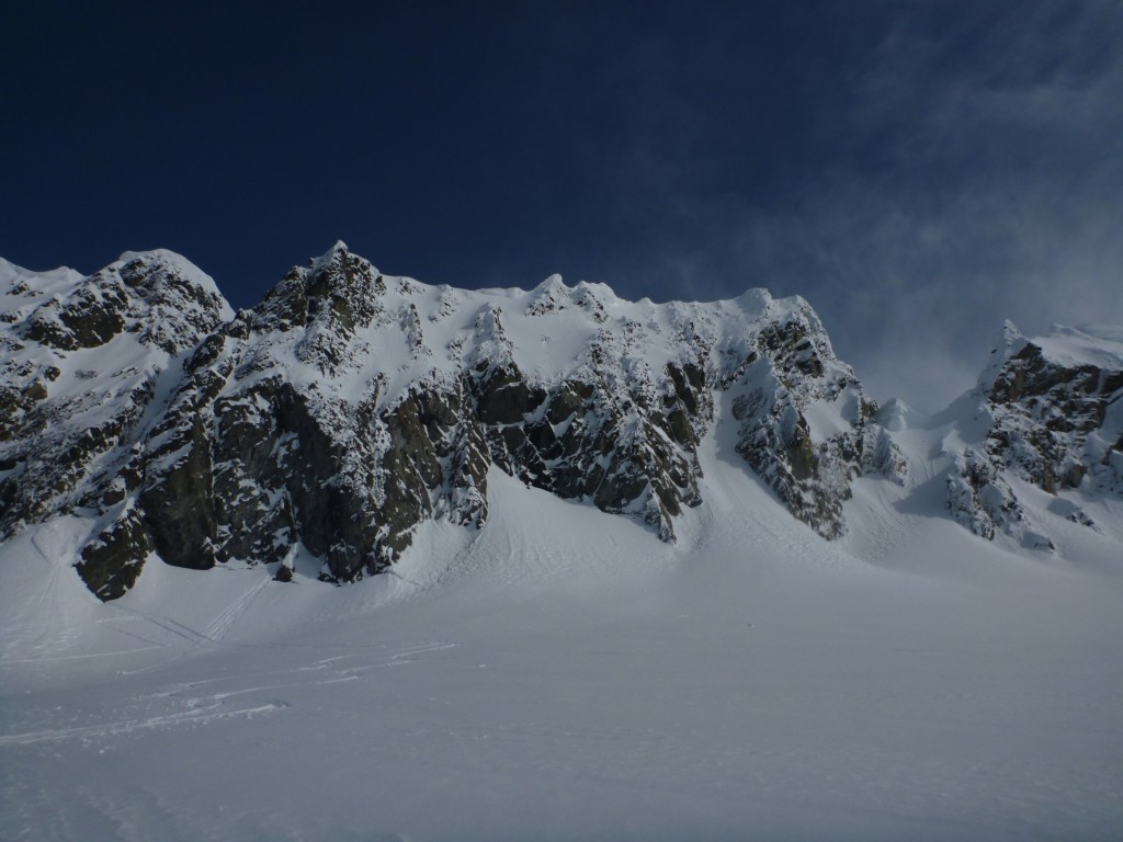 Gunsight peak. The notch is on the far right. The gully we climbed is on the far left. Photo: Julien Renard