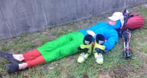 Lena photographed me asleep on the lawn in front of Canadian Tire. My only photo from the trip.