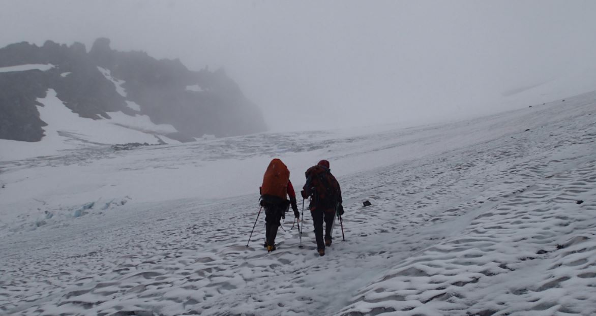 A dusting of fresh snow creating new thin snowbridges on the Anniversary Gl. Photo Matt Van Ootsdam.