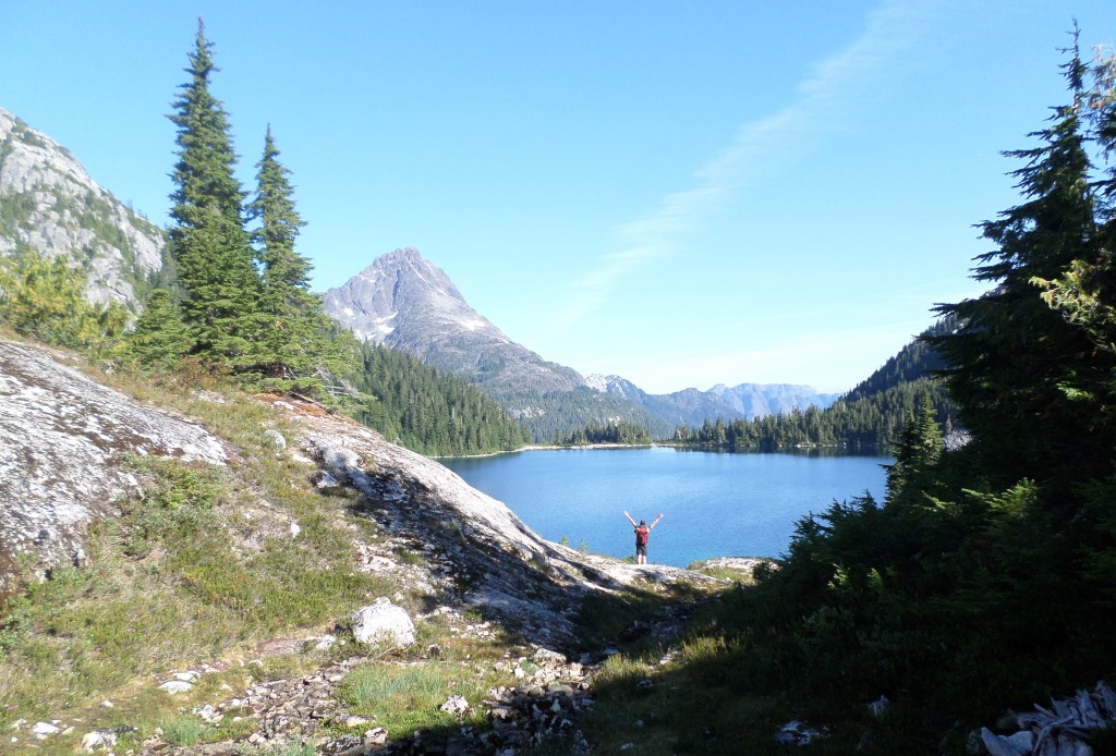 Nick in front of Schjelderup Lake with Golden Hinde in the Background.