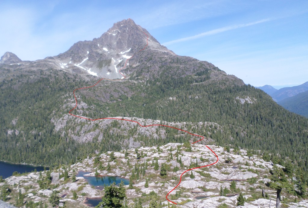 Our route from twin tarns (in the foreground) to the top of the Golden Hinde.