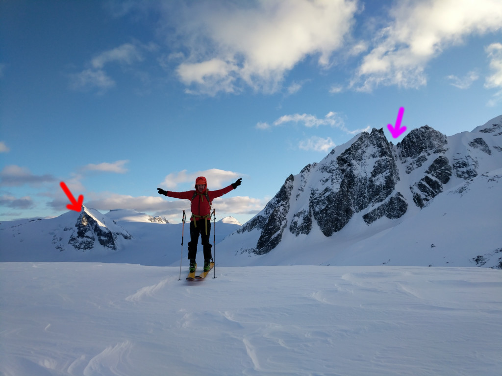 Nick points to both the lines we skied on Sunday. Northwest couloir of Eureka (red arrow) to his right and north couloir of The Owls (purple arrow), to his left. 