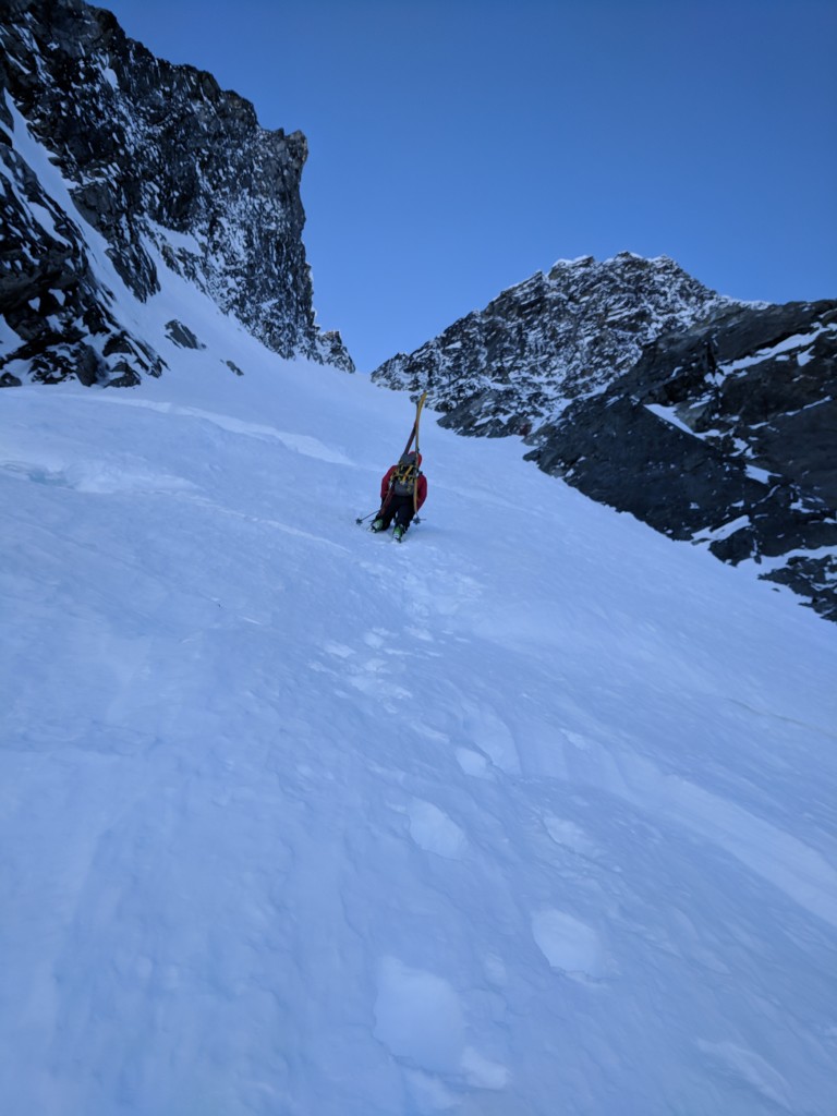 Nick starts the bootpack up The Owls, carefully treading over two, mostly filled, bergschrunds.