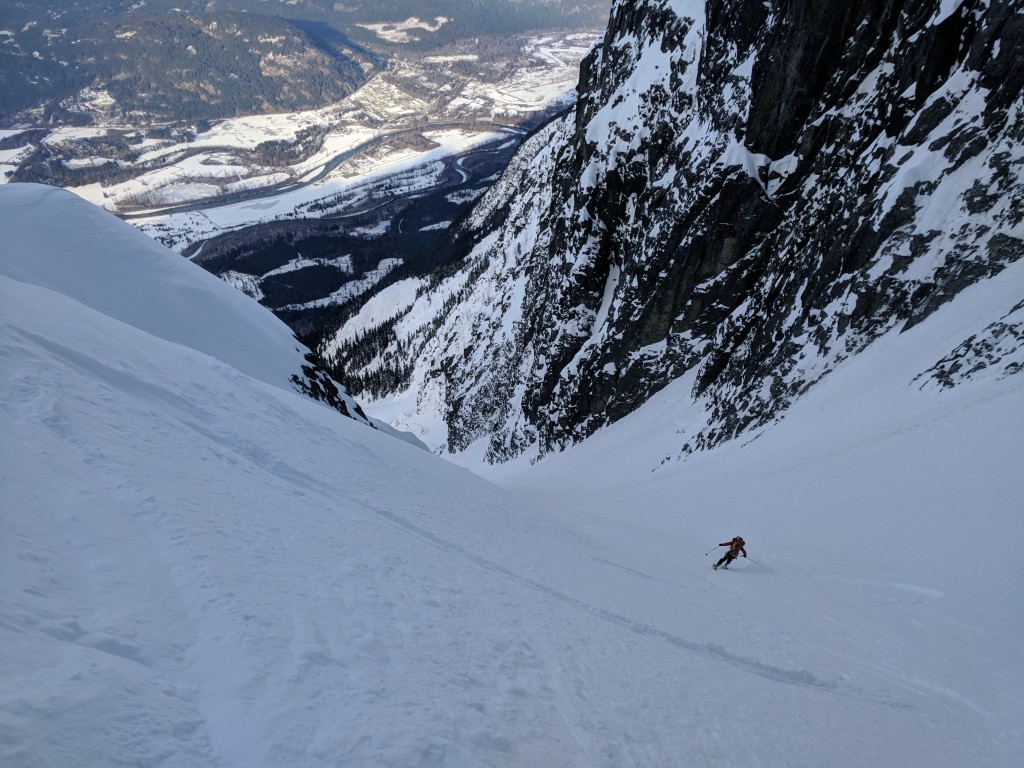 Nick enjoying our first powdery couloir.