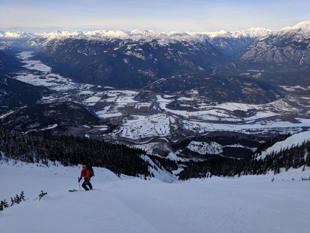 Olek, with Pemberton in the background. Naively believing that the technical skiing was finished.