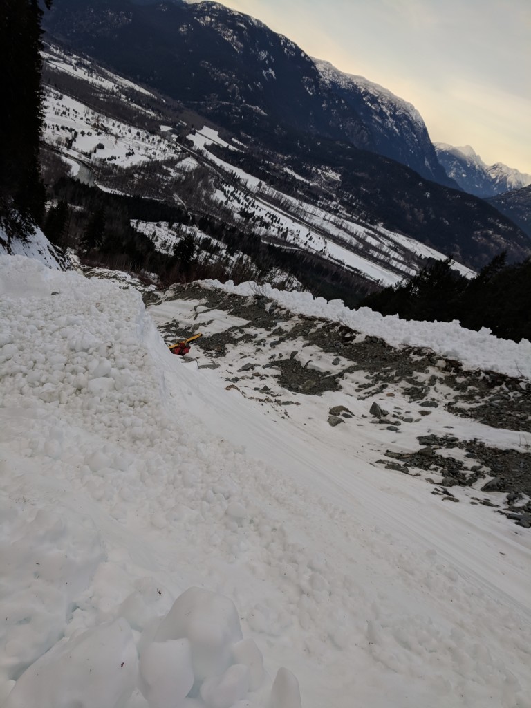 Scary! Nick self arresting with his ice axe after his ski boots slip on the very icy, low angle slide bed. Crampons would have been helpful.