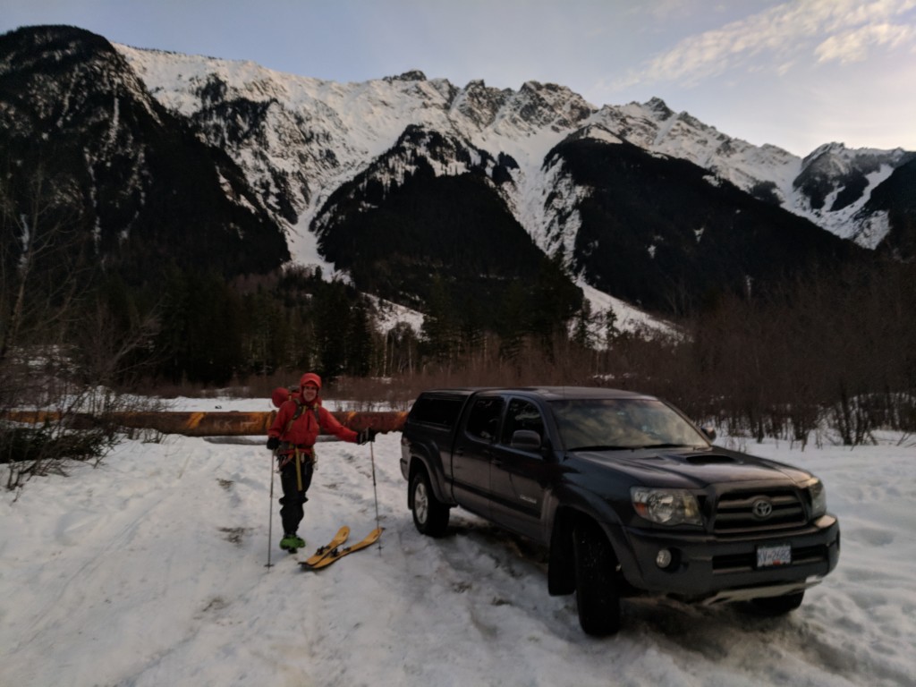 Nick at the truck, with Currie in the background. Can you spot zorro's couloir?