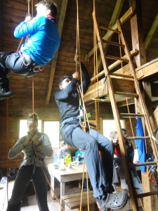 Ascending ropes in Keith's hut (photo by Christine Beaulieu)