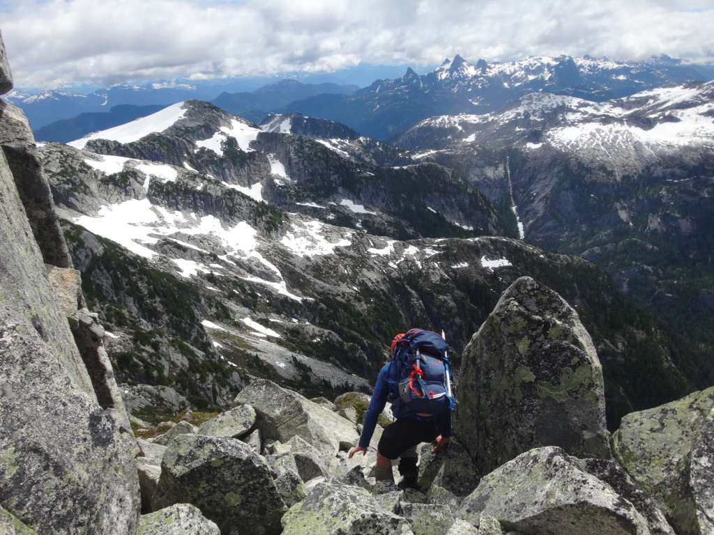 Descent from the summit with the Five Fingers in the background.