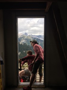 Lukas and Alex brutishly dismantling the old door frame. 