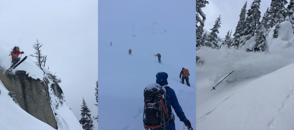 Cody dropping into the pow on the second run of the trip. Ascending through the morning storminess of December 29th on Cabin Hill. Cody at front followed by Ilya, Nathan and Armarn.Armarn deep in the pow on the western treed slopes of Shadowfax’s Mane on the afternoon of the 29th.