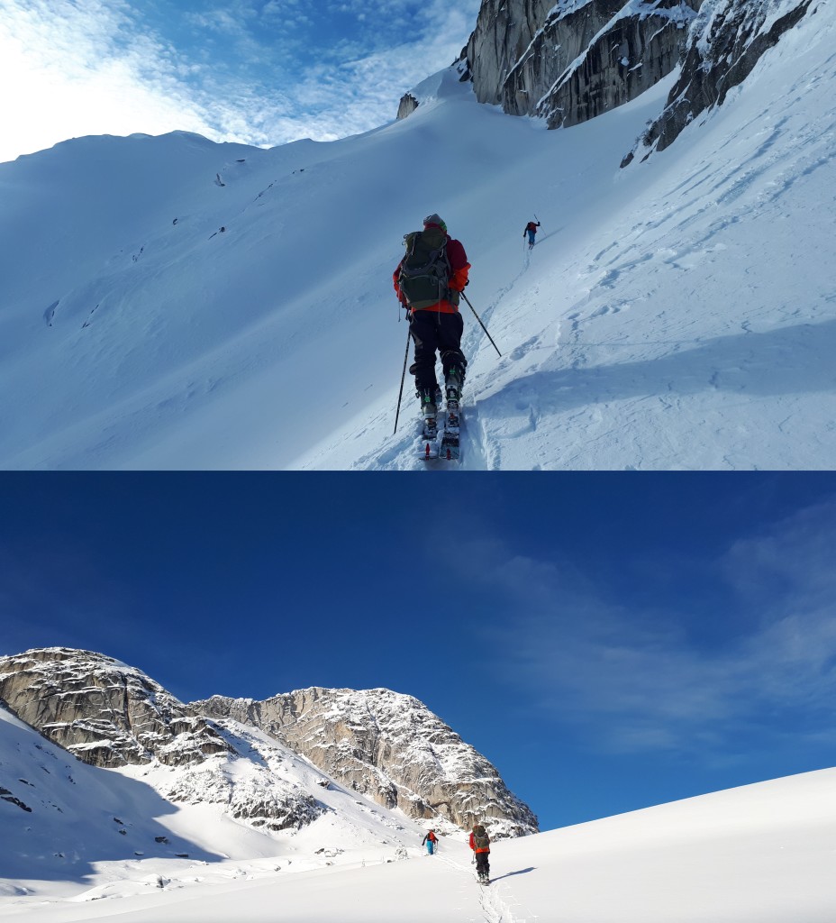 Will leading the way up to the colouir with Cody following. The entrance is at the far left of the bottom photo below the cliff bands.