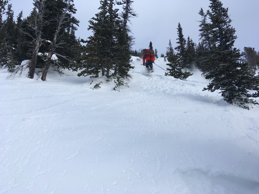 We have lift off. Cody descending the treed run off the west ridge from the Frodo West Knob.