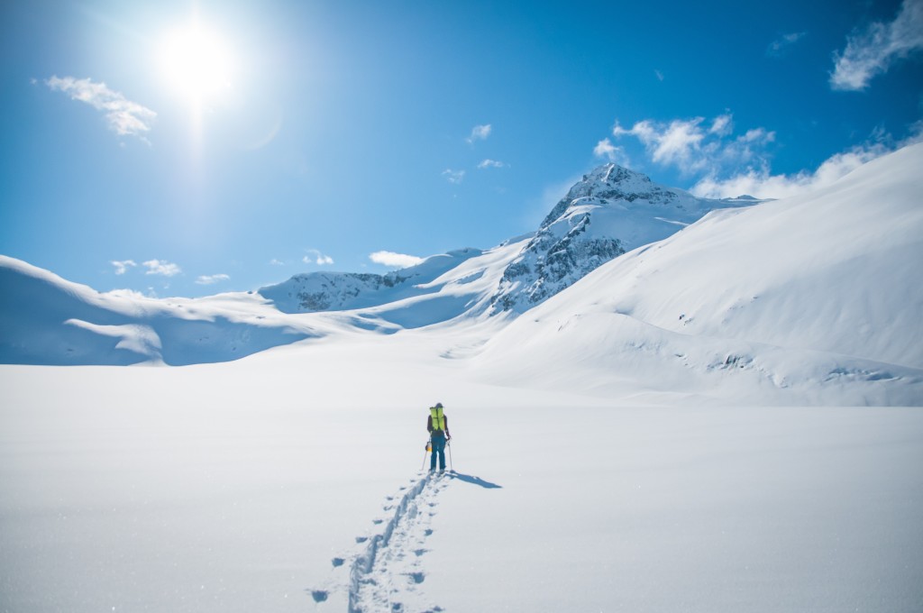 Tobias ignoring the sight of heli ski lines to the left of our objective