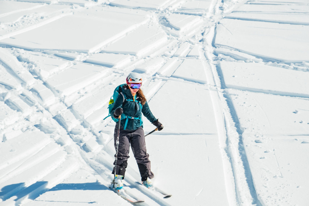 Haley Foladare skiing down with her super cool skiing/climbing dual-purpose helmet. (Photo by Vin Sanity)