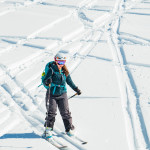 Haley Foladare skiing down with her super cool skiing/climbing dual-purpose helmet. (Photo by Vin Sanity)