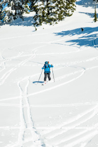 Melissa Bernstein trying her best to look cool tele skiing. (Photo by Vin Sanity)