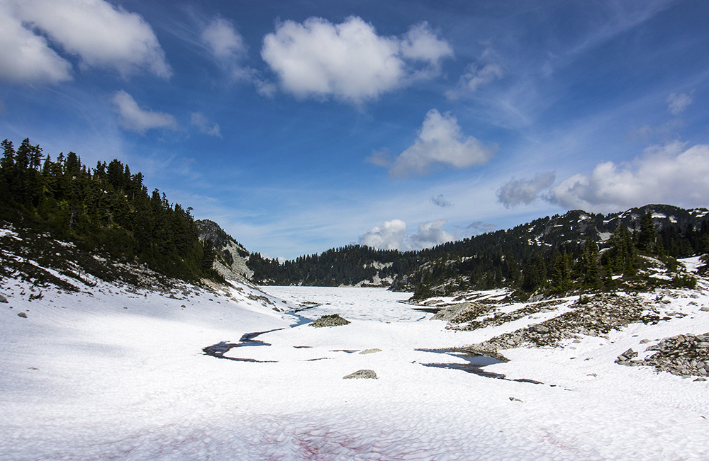 This lake must be have its own microclimate, as it was still almost entirely frozen and snow-covered. 