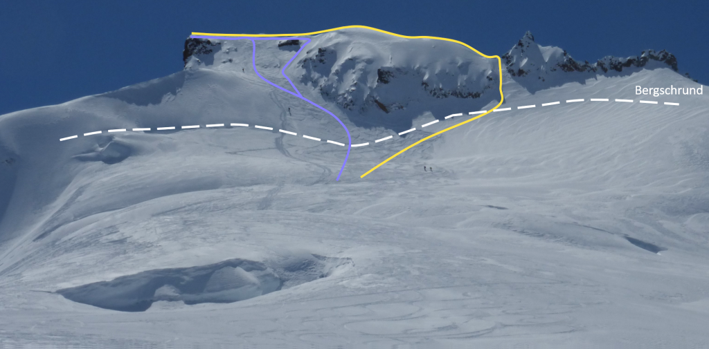 Two variations on the Garibaldi NE face route. Photo by Alberto.